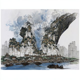 Inkwander style, Midjourney V7: megacity with futuristic bioarchitecture