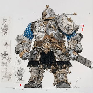 Inkwander style, Midjourney V7: concept art character design of retropunk steam knight