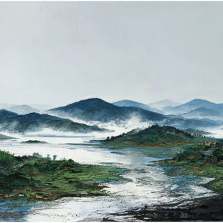 Inkwander style, Midjourney V7: realistic landscape photograph of quiet dawn