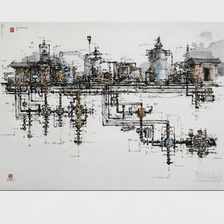 Inkwander style, Midjourney V7: technical infrastructure blueprint schematics