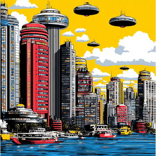 Enamelocomic style, Midjourney V7: megacity with futuristic bioarchitecture