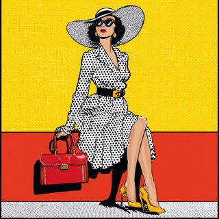 Enamelocomic style, Midjourney V7: haute-couture fashion outfit