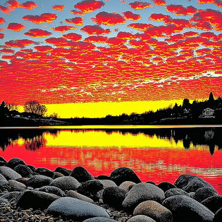 Enamelocomic style, Midjourney V7: realistic landscape photograph of quiet dawn
