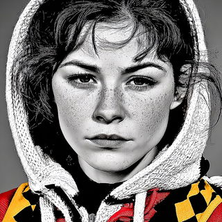 Enamelocomic style, Midjourney V7: photographic portrait of female protagonist