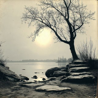 Acheron Monument style, Midjourney V7: realistic landscape photograph of quiet dawn