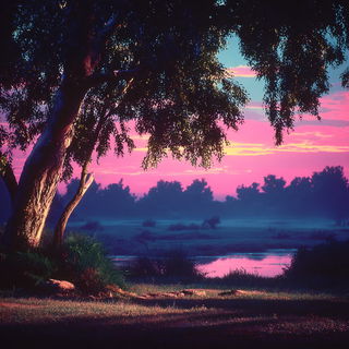 Ruincathode style, Midjourney V7: realistic landscape photograph of quiet dawn