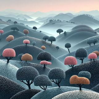 Pigmentarium style, Midjourney V7: realistic landscape photograph of quiet dawn