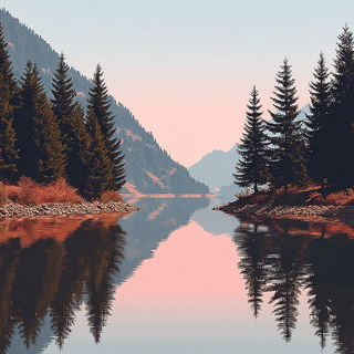 Pomegranate Glasshouse style, Midjourney V7: realistic landscape photograph of quiet dawn