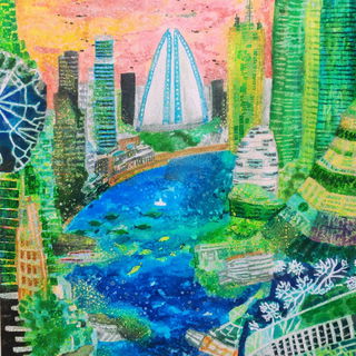 Driftcolor style, Midjourney V7: megacity with futuristic bioarchitecture
