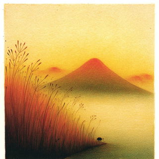 Crayonwood style, Midjourney V7: realistic landscape photograph of quiet dawn