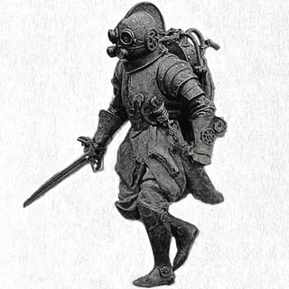 Gargoylestorm style, Midjourney V7: concept art character design of retropunk steam knight