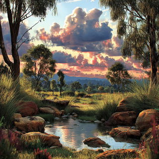 Giantletteria style, Midjourney V7: realistic landscape photograph of quiet dawn