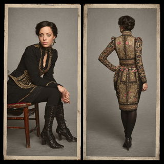 Celskin Cabinet style, Midjourney V7: haute-couture fashion outfit