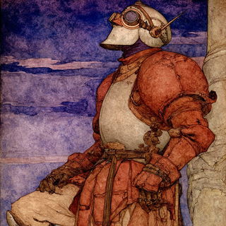 Robeblazon style, Midjourney V7: concept art character design of retropunk steam knight