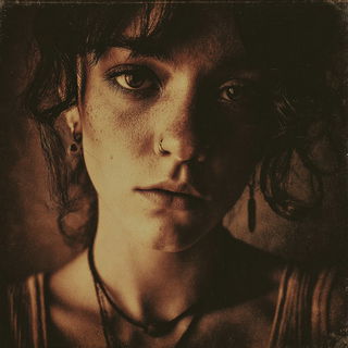 Vaporgrave style, Midjourney V7: photographic portrait of female protagonist