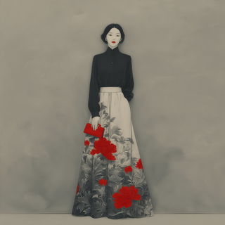 Voidbank Serigraphy style, Midjourney V7: haute-couture fashion outfit