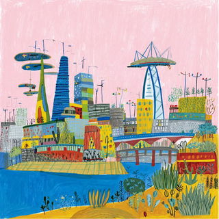 Crayon Contraption style, Midjourney V7: megacity with futuristic bioarchitecture