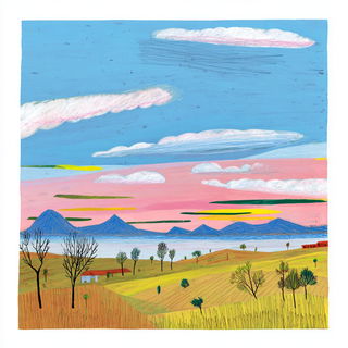 Crayon Contraption style, Midjourney V7: realistic landscape photograph of quiet dawn
