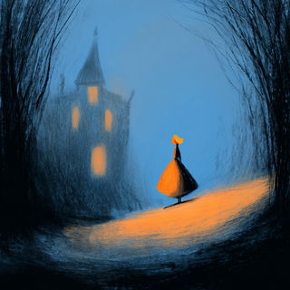 Blue Hour Divide style, Midjourney V7: retro fairy-tale illustration