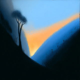 Blue Hour Divide style, Midjourney V7: realistic landscape photograph of quiet dawn