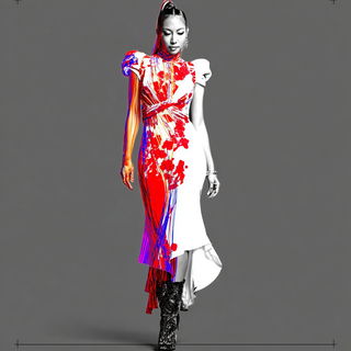 Redbrick Isoplex style, Midjourney V7: haute-couture fashion outfit