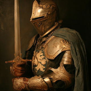 Grit Baroque Portraiture style, Midjourney V7: concept art character design of retropunk steam knight