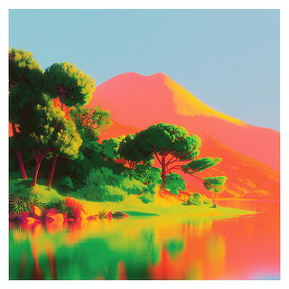 Fluorobaroque style, Midjourney V7: realistic landscape photograph of quiet dawn