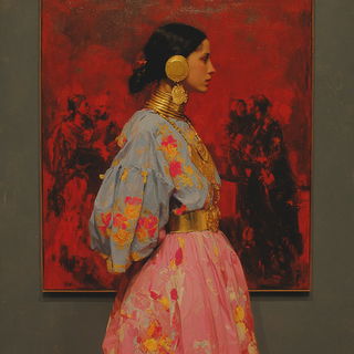 Baroquechromia style, Midjourney V7: haute-couture fashion outfit