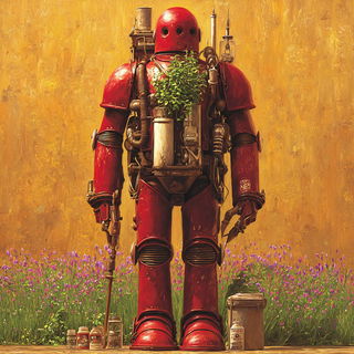 Ramspire Pastoral style, Midjourney V7: concept art character design of retropunk steam knight