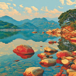 Lotus Masonry style, Midjourney V7: realistic landscape photograph of quiet dawn