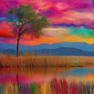 Chromaskin Masque style, Midjourney V7: realistic landscape photograph of quiet dawn