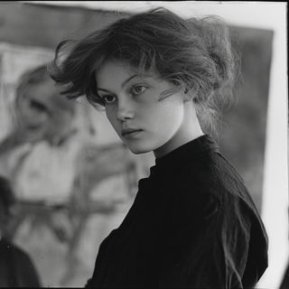 Enamelterra style, Midjourney V7: photographic portrait of female protagonist