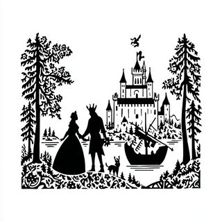 Ink Heraldry style, Midjourney V7: retro fairy-tale illustration
