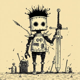 Inkclast style, Midjourney V7: concept art character design of retropunk steam knight