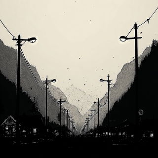 Inkclast style, Midjourney V7: realistic landscape photograph of quiet dawn