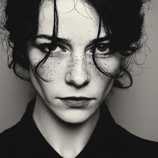 Inkclast style, Midjourney V7: photographic portrait of female protagonist