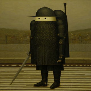 Rainspine style, Midjourney V7: concept art character design of retropunk steam knight