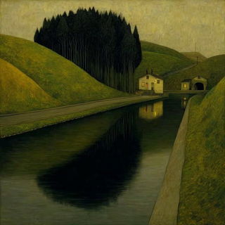 Rainspine style, Midjourney V7: realistic landscape photograph of quiet dawn