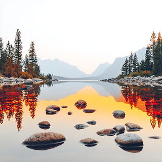 Pressed Sunfaces style, Midjourney V7: realistic landscape photograph of quiet dawn