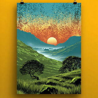 Molten Register style, Midjourney V7: realistic landscape photograph of quiet dawn