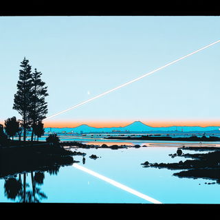 Oculus Imposition style, Midjourney V7: realistic landscape photograph of quiet dawn