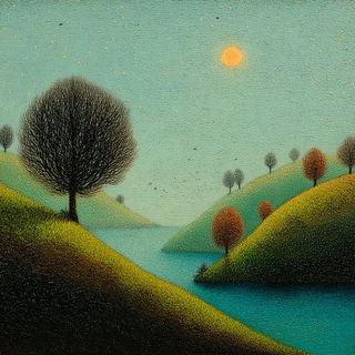 Tegumentale style, Midjourney V7: realistic landscape photograph of quiet dawn