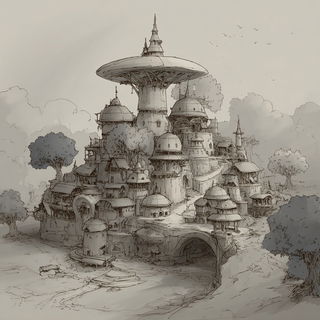 Sepiembroideria style, Midjourney V7: megacity with futuristic bioarchitecture