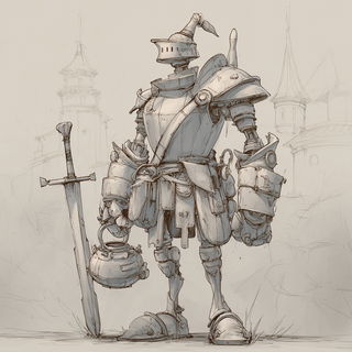 Sepiembroideria style, Midjourney V7: concept art character design of retropunk steam knight