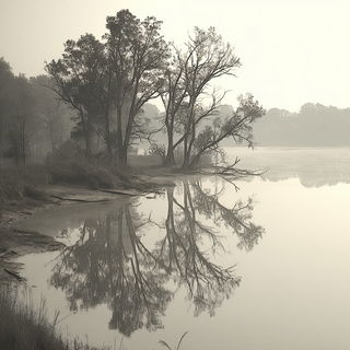 Sepiembroideria style, Midjourney V7: realistic landscape photograph of quiet dawn