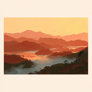 Rustlit Storybook Painting style, Midjourney V7: realistic landscape photograph of quiet dawn