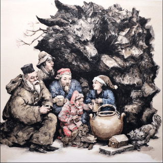 Cliffwash Dye Rite style, Midjourney V7: retro fairy-tale illustration