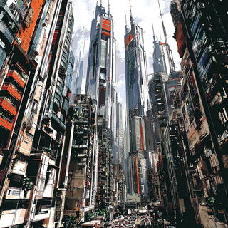Giltstroke style, Midjourney V7: megacity with futuristic bioarchitecture