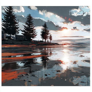 Giltstroke style, Midjourney V7: realistic landscape photograph of quiet dawn