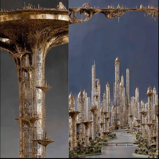 Tessera Crown style, Midjourney V7: megacity with futuristic bioarchitecture